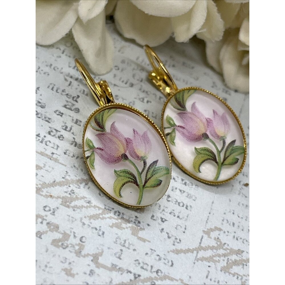 Frosted Pink Tulip Gold Boutique Wire Earrings Wedding Bridal Gift Birthday Wife - Picture 4 of 12